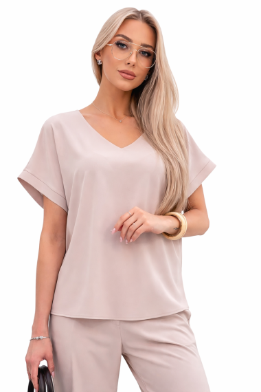 Bluzka Damska Elegancka V-neck Luźna Wizytowa Krótki Rękaw Premium - jasny beż